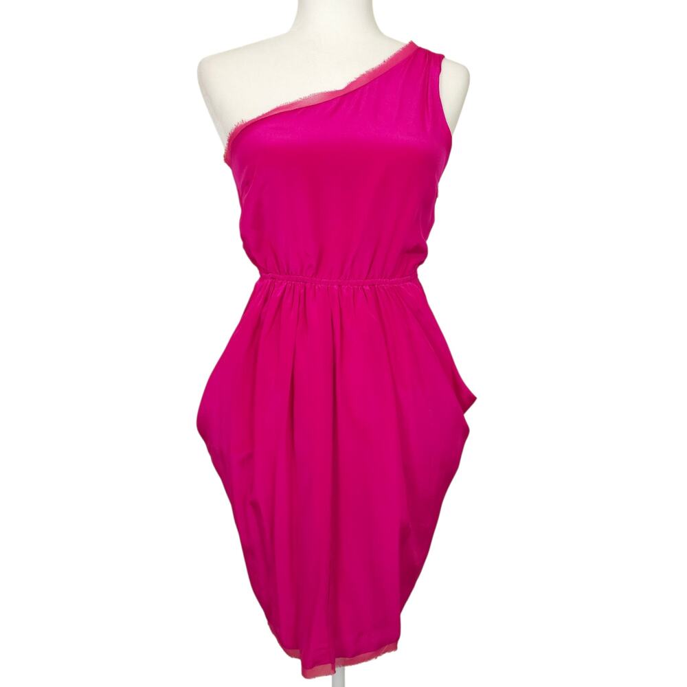 Greylin 100% Silk Pink One Shoulder Draped Tulip Dress S